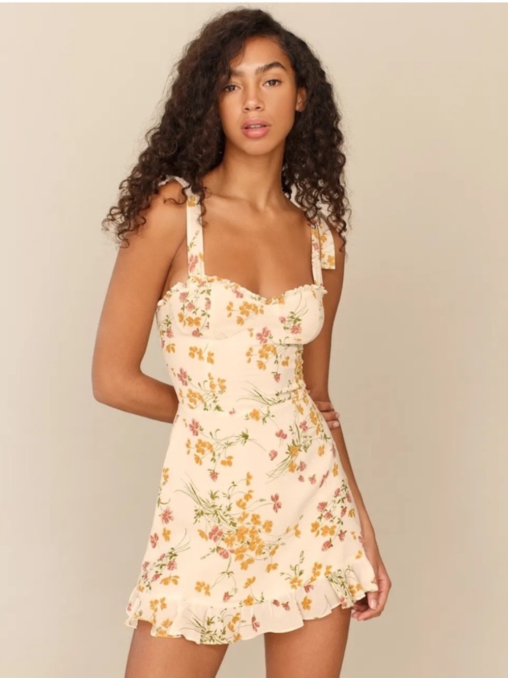 Reformation Christine floral mini dress Aries tie-straps 0